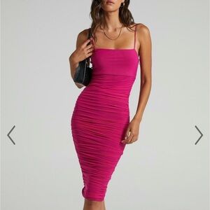 ASOS HotPink Mesh Fitted Ruched Bodycon spaghetti Strap Knee MIDI Dress Medium